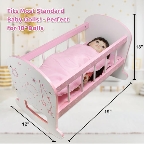 Baby Doll Crib Toy Wooden Play Rocking Cradle with Mattress Pillow & Blanket for 18” Doll