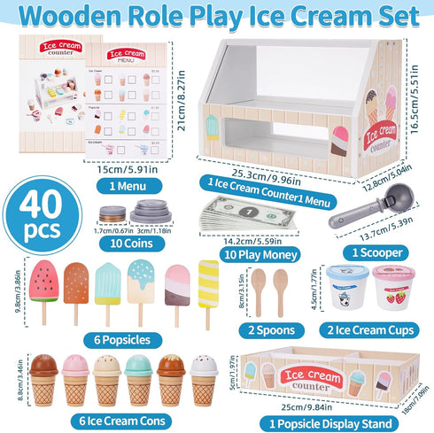 Wooden Ice Cream Counter Playset for Kids - Kitchen Pretend Play Gifts for Ages 3-6