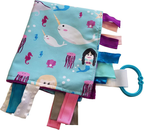 Baby Sensory Security & Teething Closed Ribbon Tag Lovey Blanket with Minky Dot Fabric, 14”X18”