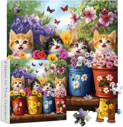 PICKFORU 1000 Cat Puzzles for Adults Pieces, Colorful Animals Jigsaw Puzzles Kitten Butterfly, Difficult Flower Plant