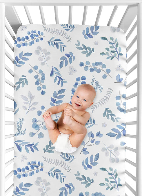 Sweet Jojo Designs Floral Leaf Fitted Crib Sheet for Baby or Toddler Bed, Blue Grey and White Boho Watercolor