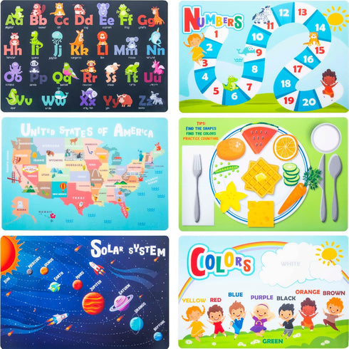 Hapinest 6 Pack Reusable Non Slip Educational Placemats for Kids & Toddlers,