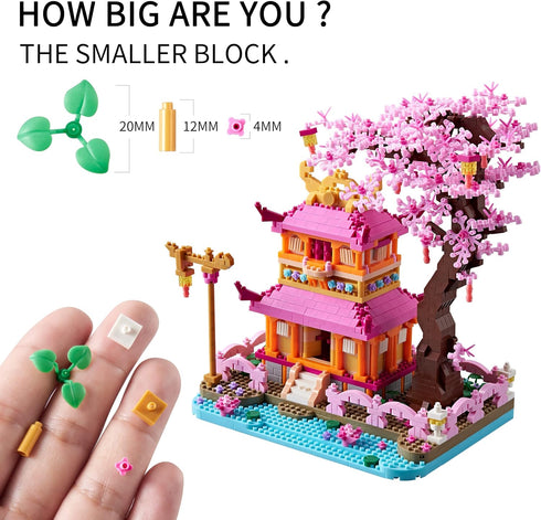 Set 14+ 1810PCS DIY Sakura Tree House Micro Building Blocks for Women Adult, Japanese Cherry Blossom Treehouse Ideal