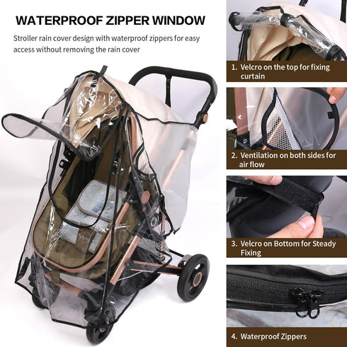UQBEUQ 4 Stroller Rain Cover, Universal Rain Cover for Stroller with Waterproof Zipper, Clear Travel Weather Shield