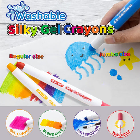 12 (12/Pack), 1-Pack BAZIC Jumbo Silky Gel Crayons Color, Washable Blendable Non Toxic Watercolor Crayon for Coloring