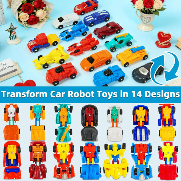 28 Pack 14 Easter Basket Stuffers, Transforming Car Robot Toys Easter Gifts for Kids Classroom Exchange Style Mini