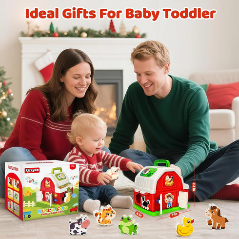 1 2 3 set 12-18 Montessori Toys for Year Old Boys Girls, Musical Barn Farm Animal for Toddler, Shape Sorting