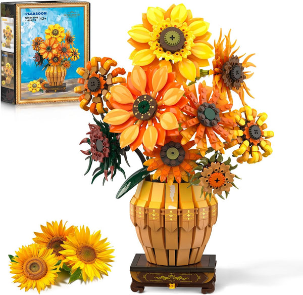 PLAXSOON Sunflower Building Set with Lights Vase Base, Flowers Botanical Collection Building
