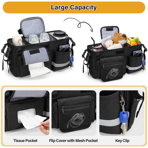 Parent Console Stroller Organizer Compatible with WONDERFOLD W&X, Black, with 2 Insulated Cup Holders and Removable