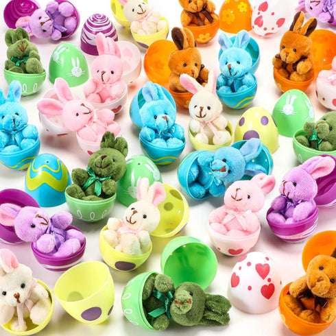 Sumind 48 Pieces Prefilled Easter Eggs with Plush Animals, 3 Inch Plastic Eggs for Easter Party Hunt Game