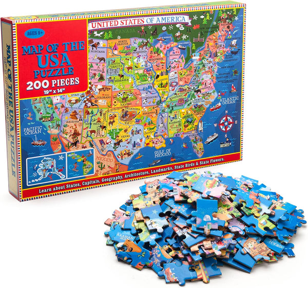 USA Map Puzzle for Kids - 200 Piece Jigsaw Puzzle with 50 States and Capitals, Ages 4 and Up