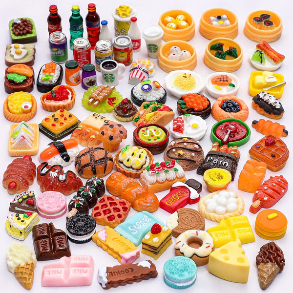 80 Pieces Mini Food Drinks Bottle Toys for Dollhouse Kitchen Accessories Mini Play Resin Food Toys
