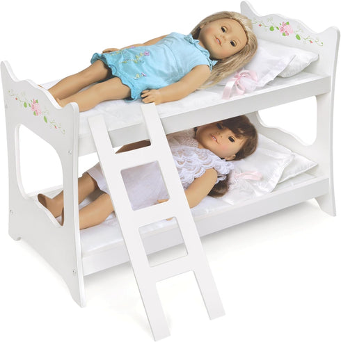 Badger Basket Toy Doll Bunk Bed with White Bedding & Ladder for 20 Inch Dolls - White Rose