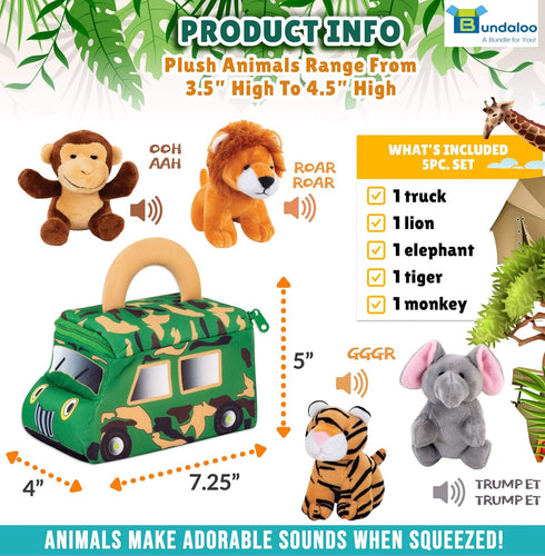 Bundaloo Plush Jungle Animals Set with Realistic Sound, Soft Stuffed Animal Toys with Safari Truck Carrier