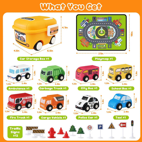 22 Set Toddler Car Toys, Toy Cars for Toddlers, Wooden Cars Toys for Toddler Boy, PCS Cars and Trucks Toy Vehicles