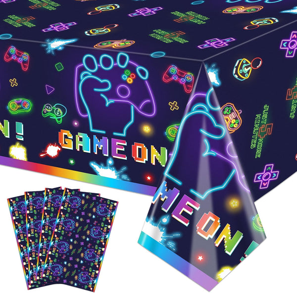 4Pcs Video Game Party Tablecloth - Neon Game On Rectangular Table Covers for Kids Birthday Party Decorations
