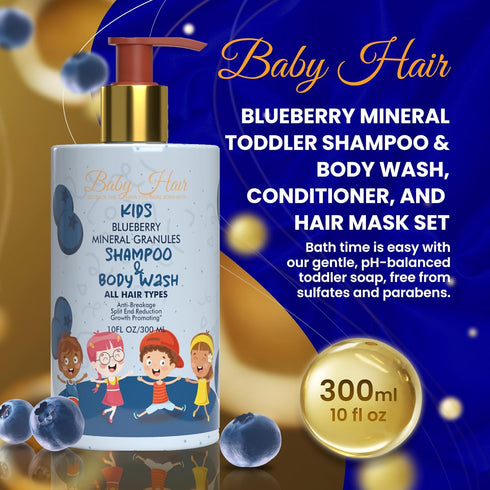 10 fl.oz. BABY HAIR - Blueberry Mineral Kids Shampoo/Body Wash, Sulfate-Free Kids Tearless Shampoo and Body Wash