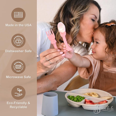 Set (2 Pack) 3D Made in USA Spoon la la Toddler Utensils & Board Book - Spoon & Fork for Kids, Self-Standing Ergonomic