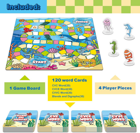 Broytain 4-6, Word Ocean Phonics Board Game for Kids, Educational Learning Board Game for Boys and Girls, Reading