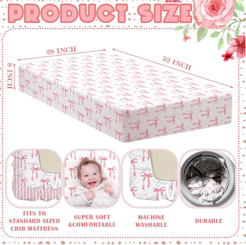 2 Pack Set 52'' 28" Peryiter Crib Sheets for Girls Boys Coquette Bed Sheet Fitted x for Standard Crib Mattress