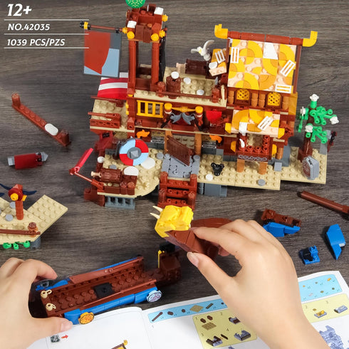 Viking Pirate Ship House Building Block | Medieval Village Set with Dragon Head Ship (1039 Pcs)