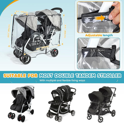 IvyWind Stroller Rain Cover for Double Tandem Stroller, Universal Size Weather Shield for Stroller, Breathable Double