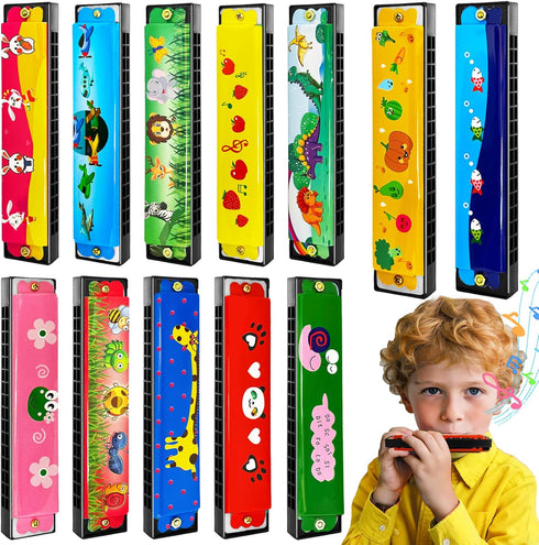 12Pcs Kids Harmonicas,16 Holes Cartoon Harmonica Toy with Double Row for Toddlers,Beginners,Musical