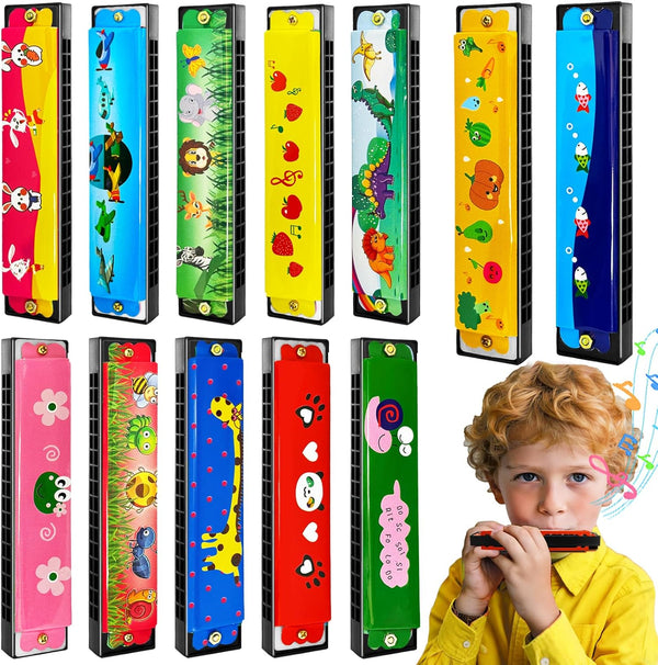 12Pcs Kids Harmonicas,16 Holes Cartoon Harmonica Toy with Double Row for Toddlers,Beginners,Musical