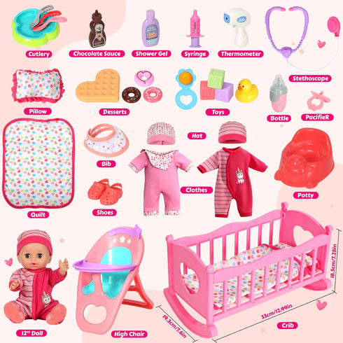 12'' Set 32 12 Playset 3 4 5 DRAMATION Interactive Baby Doll with Crib and High Chair, PCS Baby Doll Toys Make Sounds