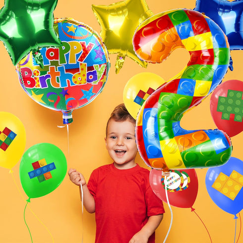40 Inch Colorful Building Block Number Balloon, Large Number 2 Helium Balloon for Girls Boys 1st Birthday Party