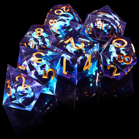 AUSTOR 7 Pieces Blue Flame Dragon Resin Dice Set - DND Dice for Role Playing Dungeons and Dragons with Case