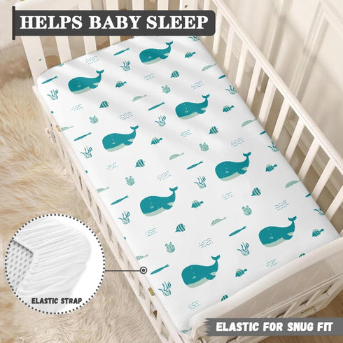 Winpema 28"x52" Blue Whale Anemons Fishes Seaweeds Waves Fitted Crib Sheet Blue Whale Baby Crib Sheet Fit Standard Crib