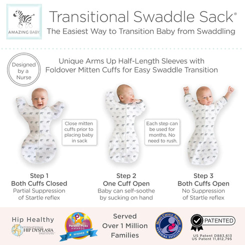 Amazing Baby Transitional Swaddle Sack with Arms Up, Half-Length Sleeves, Mitten Cuffs, Medium, Tiny Elephants