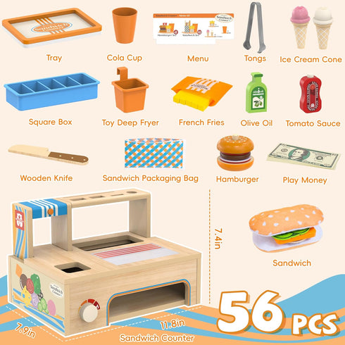 Sets Counter 56 3+ Foldable Wooden Play Food Sandwich with Storage, Pcs Pretend Play Kitchen Food Toy, Burger, Ice