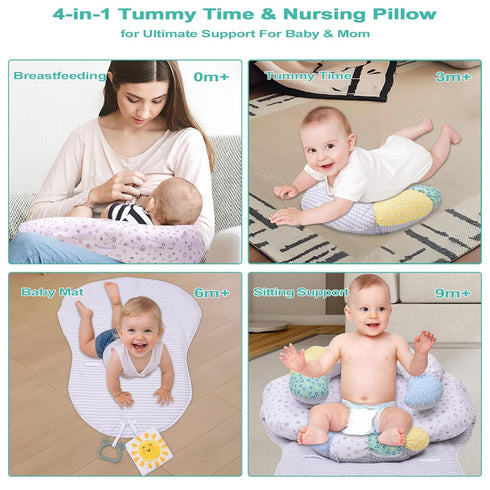 4-in-1 Tummy 0-24 MIIMER Time Baby Mat & Seated Support Cushion, Detachable Nursing Pillow with High, Firm, Large Area