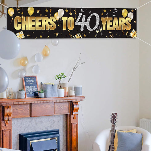 40th Birthday Banner, Happy 40th Birthday Cheers to 40 Years Sign, Gold Glitter Birthday Decoration Supplies