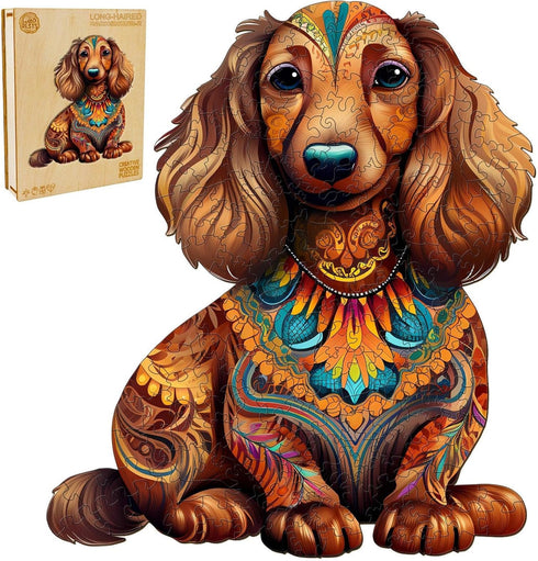 Wooden Puzzle for Adults, Long-Haired Dachshund Dog Jigsaw Puzzle, Unique Shape Animal Wood Puzzles