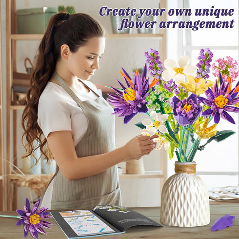 Flower Bouquet Building Set, 891PCS DIY Artificial Flowers, Birds of Paradise and Water Lily for Home Decor