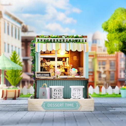 CUTEROOM Miniature House Kit, Tiny Wooden Dollhouse Kit with Dust Cover, DIY Birthday Gift (Dessert Time)