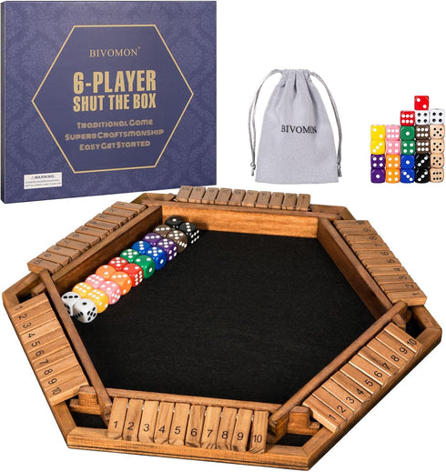 1-6 24 BIVOMON Players Shut The Box Dice Game, Wooden Board Table Math Game for Kids Adult with Dice, Close The Box