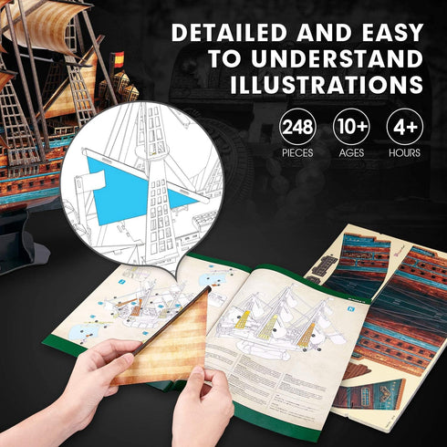 843659803 1960, 3D 248 240 CubicFun Boat San Felipe Spanish Ship, Puzzle, Model Kit for Adults and Children, Pieces