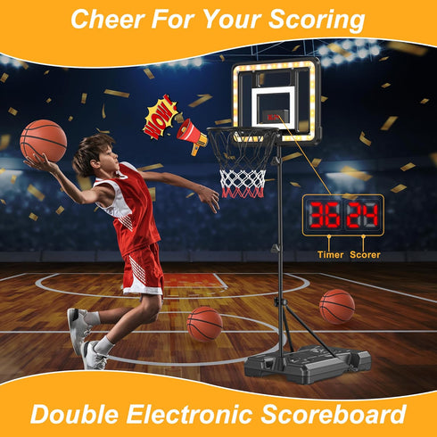 Kids Indoor Basketball Hoop with Scoreboard & Timer, Adjustable Height 3ft-5.8ft, Goal Toy for Outdoor Backyard Sports