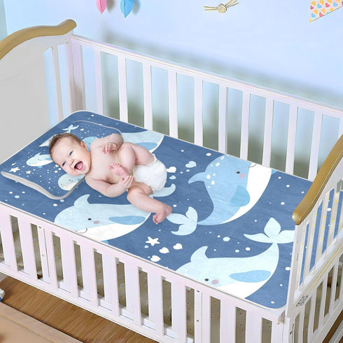 SyXIOP 28" 52" Cute Blue Whales Cooling Baby Waterproof Crib Mattress Cover x Washable Pee Pads for Kids, Adult