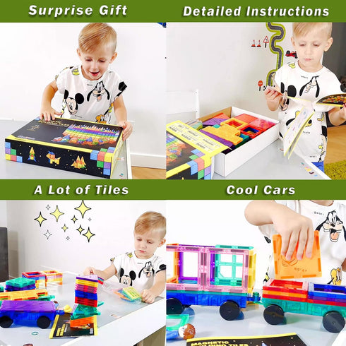 Soyee Magnetic Tiles with 2 Cars, Kids Gifts for 3 Year Old Boys, Educational Toys for Toddlers Age 3-5, Car Train