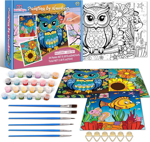 Kids Paint By Number Kits Age 8-12, 3 Pack 8x10 Inch Framed Canvas with 24 Acrylic Paint Pots, 6 Brushes