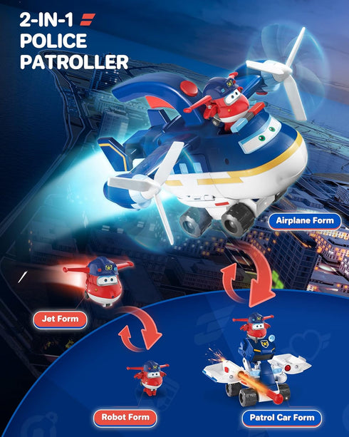 Super Wings Toy Airplane, Patrol Car, 2" Tall Jett Action Figure Set, Transforming Airplane Toy Vehicle, Airplane to