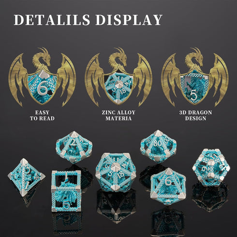 D&D Hollow Metal Blue White Dragons Polyhedral Dice Set for Dungeons and Dragons RPG Tabletop Games