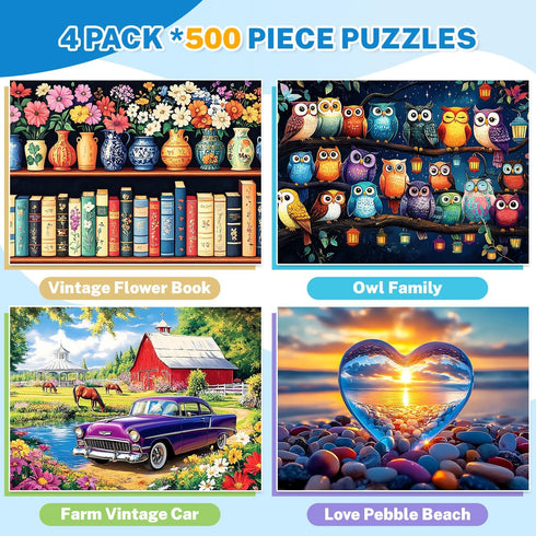 HYXCHQA 4-Pack 500 500 Piece Puzzles for Adults Jigsaw Puzzle Pieces - Flowers Vintage Books, Owl Family, Farm Vintage
