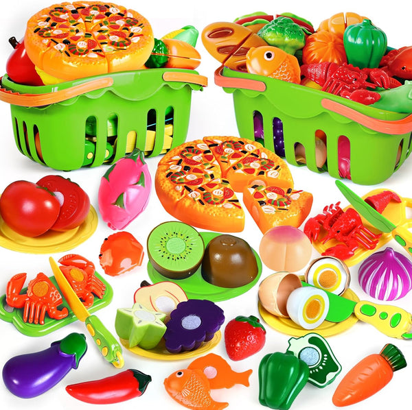 100 PCS Cutting Play Food Toy for Kids Kitchen, Pretend Food Kitchen