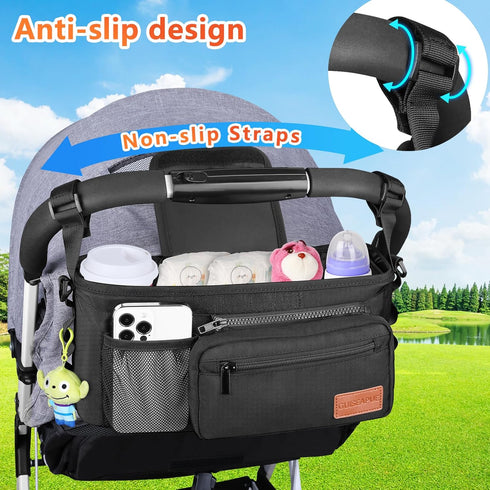 Guiseapue Universal Stroller Organizer with Cup Holder, Detachable Phone Bag, Fits Uppababy, Baby Jogger, Doona